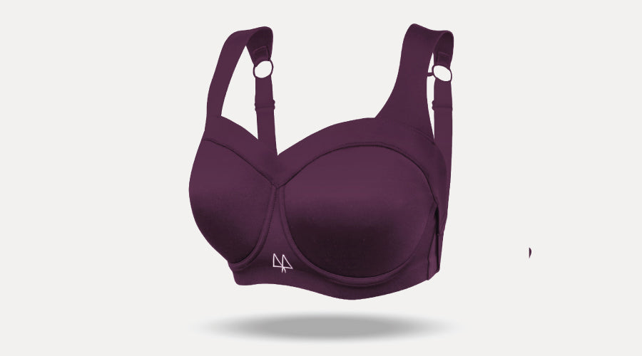 Maaree plum battle bra floating against a grey background